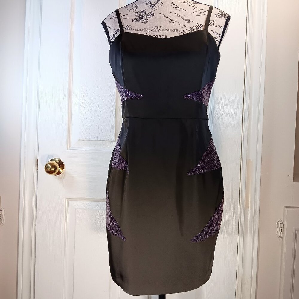 NWOT Forever 21 Black Satiny Mini Dress Sleeveless Purple Glitter Accents Size M